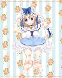  animal_ears barefoot brown_hair cat_ears cat_tail commentary_request dress feet female hairband kashiwagi_sumika original purple_eyes ribbon short_hair soles solo tail toes 