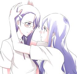  bad_id bad_pixiv_id blush eye_contact glasses head_hold heartcatch_precure! kurumi_momoka long_hair looking_at_another multiple_girls negom precure purple_hair school_uniform tsukikage_yuri yuri 