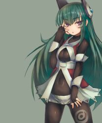  :o bodysuit breasts commentary_request covered_navel female fingerless_gloves gloves green_hair grey_background grey_shorts headgear highres long_hair medium_breasts menou_kaname_(taishi) open_mouth original purple_eyes short_shorts shorts simple_background solo taishi_(picchiridou) 