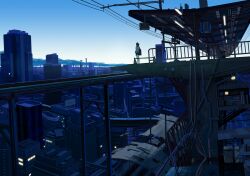  bad_id bad_pixiv_id bag cable city cityscape cloud dusk earphones female fluorescent_lamp from_above from_behind highres industrial_pipe kurono_kuro original outdoors photoshop_(medium) railroad_tracks scenery short_hair shorts sky solo traffic_cone train_station twilight 