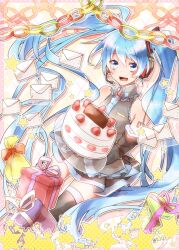  bad_id bad_pixiv_id blue_eyes blue_hair cake detached_sleeves envelope female food fruit gift hatsune_miku headset highres long_hair looking_at_viewer necktie open_mouth paper_chain sakuragi_ren skirt solo star_(symbol) strawberry thighhighs twintails very_long_hair vocaloid 