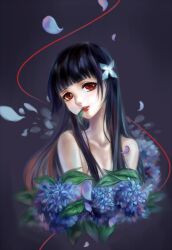  bare_shoulders black_hair commentary_request female flower hair_flower hair_ornament hydrangea leaf lips long_hair mouth_hold red_eyes sanka_rea sankarea solo string string_of_fate tuzhate 