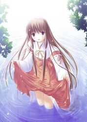  blush brown_eyes brown_hair dress female imageboard_desourced japanese_clothes long_hair miko nimura_yuuji non-web_source skirt_hold solo tsuki_kagerou very_long_hair wading water wet wet_clothes 