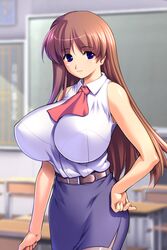  ascot belt blue_eyes breasts classroom desk female game_cg gigantic_breasts gunner-l hand_on_own_hip highres indoors long_hair mature_female miniskirt non-web_source oppai_baka pantyhose pencil_skirt school_desk shino_sakura shirt skirt sleeveless sleeveless_shirt smile solo standing teacher very_long_hair 