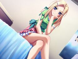  bed blonde_hair blue_eyes crossed_legs dutch_angle female hair_ornament hairclip head_rest horiuchi_sana imageboard_desourced long_hair murakami_suigun non-web_source oerba_yun_fang pia_carrot_(series) pia_carrot_e_youkoso!!_g.o. sitting solo 