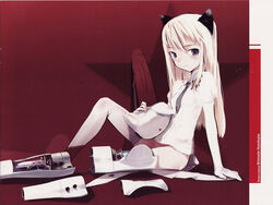  animal_ears arm_support artist_name blonde_hair blue_eyes female konami_mecha_musume kunreishiki light_smile long_hair looking_at_viewer lowleg lowleg_panties mecha_musume mig-60_(konami_mecha_musume) necktie panties prosthesis romaji_text scan shimada_fumikane sitting solo thighhighs underwear white_panties white_thighhighs 