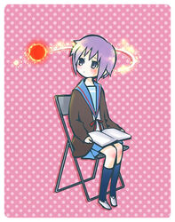  bad_id bad_pixiv_id blue_sailor_collar blue_skirt blush book cardigan chair female folding_chair full_body kita_high_school_uniform koizumi_itsuki moffunnyo nagato_yuki neck_ribbon open_book pink_background purple_hair red_ribbon ribbon sailor_collar school_uniform serafuku short_hair sitting skirt solo suzumiya_haruhi_no_yuuutsu winter_uniform 