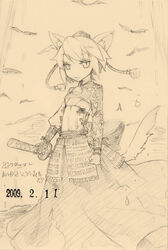  animal_ears armor bakayanagi brown_background dated expressionless female hat inubashiri_momiji japanese_armor katana kusazuri monochrome no_nose samurai sketch slit_pupils solo sword tail tokin_hat touhou traditional_media weapon wolf_ears wolf_tail 