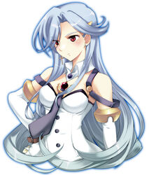  bad_id bad_pixiv_id blue_hair blush breasts detached_sleeves dress earrings female hand_on_own_hip jewelry kimi_ga_yobu_megiddo_no_oka_de long_hair lowres medium_breasts mimura_aki necktie photoshop_(medium) red_eyes solo yaha 