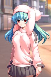  animal_hat blue_hair female game_cg grey_skirt gunner-l hat highres looking_at_viewer oppai_baka outdoors pink_hat pink_sweater rabbit_hat red_eyes ruru_(oppai_baka) skirt solo standing sweater turtleneck turtleneck_sweater 