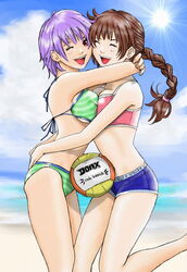  2girls ayane_(doa) ball beach bikini braid breast_press breasts brown_hair closed_eyes day dead_or_alive hug hybrid_cat kasumi_(doa) long_hair medium_breasts multiple_girls ocean one_eye_closed outdoors purple_hair red_eyes short_hair siblings single_braid sisters smile swimsuit symmetrical_docking volleyball volleyball_(object) 