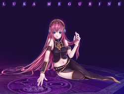  bad_id bad_pixiv_id blue_eyes female headphones long_hair magic_circle megurine_luka midriff navel ouka_mai painttool_sai_(medium) pentagram pink_hair purple_background solo thighhighs very_long_hair vocaloid 