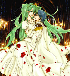  1boy bride carrying cendrillon_(vocaloid) chandelier commentary_request dress elbow_gloves female flower gloves green_eyes green_hair haruurara hatsune_miku hug jewelry kaito_(vocaloid) long_hair necklace rose tiara twintails vocaloid wedding_dress 