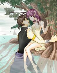  1boy bad_id bad_pixiv_id barefoot blush breasts cleavage couple dress elf female forest mangrove medium_breasts nature original pointy_ears profile purple_hair short_hair sitting soaking_feet sorano_namida straight tree tree_shade wading water 