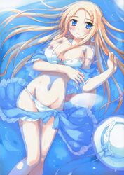  bikini blonde_hair blue_eyes blush breasts carina_verritti earrings female hair_ornament hairclip hat highres jewelry ko~cha large_breasts long_hair lying shukufuku_no_campanella smile solo swimsuit undressing water windmill_(company) 