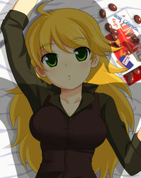  :o ahoge bed blonde_hair breasts chocolate chocolate_almond commentary_request female from_above green_eyes hoshii_miki idolmaster idolmaster_(classic) idolmaster_1 large_breasts long_hair looking_at_viewer lying meiji_(brand) meiji_almond_chocolate on_back shadow solar_kaichuudentou solo 