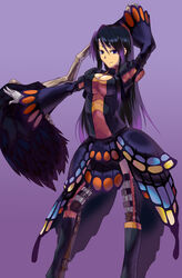  arm_up armor black_hair blue_eyes boots breasts cleavage cleavage_cutout clothing_cutout commentary_request female fighting_stance fur gloves gradient_hair gypceros_(armor) hammer knee_boots loincloth long_hair looking_away makie_fujiyuki medium_breasts monster_hunter_(character) monster_hunter_(series) multicolored_hair outstretched_arm parted_bangs purple_hair rhopessa_(armor) simple_background skirt smile solo standing strap thigh_strap thighhighs turtleneck very_long_hair weapon wide_sleeves zettai_ryouiki 