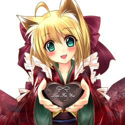  ahoge animal_ears bad_id bad_pixiv_id blonde_hair blush female fox_ears gift green_eyes holding holding_gift incoming_gift japanese_clothes kimono oerba_yun_fang original photoshop_(medium) shirokitsune shiroro solo valentine 