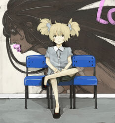  110_gou bad_id bad_pixiv_id bench blonde_hair blue_eyes commentary cross english_commentary female graffiti hair_ribbon hatchin_morenos lolicon michiko_to_hacchin photoshop_(medium) ribbon sitting solo twintails 