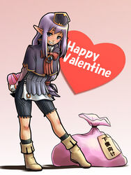  blush box commentary_request elf elvaan female final_fantasy final_fantasy_xi gift happy_valentine heart heart-shaped_box holding holding_gift long_hair photoshop_(medium) pointy_ears prishe purple_eyes purple_hair sack solo tara_baka_ni valentine 