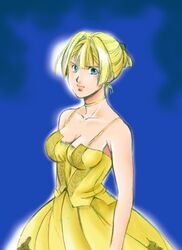  alice_l._malvin bare_shoulders blonde_hair blue_background blue_eyes bob_cut breasts choker cleavage collarbone commentary_request dress female hair_intakes looking_at_viewer pumpkin_scissors short_hair solo ume_(be_my_toy) yellow_dress 