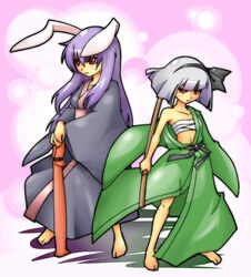  2girls animal_ears bad_id bad_pixiv_id barefoot ekus_(xo_ekus) grey_hair hairband japanese_clothes konpaku_youmu long_hair multiple_girls ninja_toes open_clothes open_robe photoshop_(medium) purple_hair rabbit_ears red_eyes reisen_udongein_inaba robe sarashi short_hair sword touhou weapon 