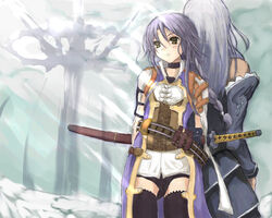  1boy belt chad_(kimi_ga_yobu_megiddo_no_oka_de) commentary_request detached_sleeves female grey_hair kimi_ga_yobu_megiddo_no_oka_de kuku_px long_hair photoshop_(medium) swen sword thighhighs weapon yellow_eyes 