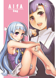  2girls ass bare_shoulders barefoot blue_hair blunt_bangs blush breasts commentary_request cross feet hairband kannagi long_hair medium_breasts multiple_girls nagi_(kannagi) nun photoshop_(medium) purple_eyes purple_hair red_eyes seki_suzume siblings sideboob sisters smile twins zange 