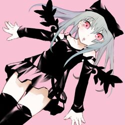  black_dress commentary_request detached_sleeves dress female grey_hair hat kakashichi long_hair pink_eyes rozen_maiden solo strap_slip suigintou thighhighs wings zettai_ryouiki 