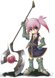  axe belt blue_eyes boots commentary_request elbow_gloves female gloves holding holding_axe knee_boots knife pink_hair presea_combatir rando_seru solo tales_of_(series) tales_of_symphonia twintails weapon 