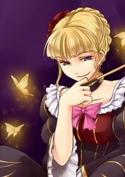  beatrice_(umineko) blonde_hair blue_eyes bow bug butterfly dress female kiseru pink_bow smile smirk smoking_pipe solo umineko_no_naku_koro_ni yellow_butterfly yuzun 