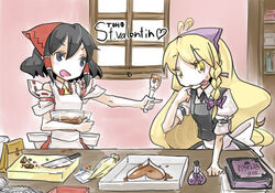  2girls :q apron bakayanagi blonde_hair braid chocolate chocolate_making cooking english_text engrish_text hakurei_reimu kirisame_marisa licking multiple_girls ranguage tongue tongue_out touhou valentine 