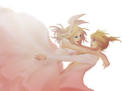  1boy bad_id bad_pixiv_id blonde_hair blue_eyes bride brother_and_sister cendrillon_(vocaloid) dress female formal hair_ornament hairclip kagamine_len kagamine_rin nayu ribbon siblings suit twins vocaloid wedding_dress 