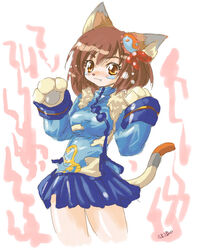  animal_ears animal_hands brown_hair cat_ears cat_paws cat_tail chinese_clothes female fur houjou_no_nene kazami_karasu miniskirt oekaki onmyou_taisenki ribbon skirt solo tail yellow_eyes 