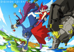  @_@ amatera archnemon armor black_hair blackwargreymon blonde_hair cane cloud coat commentary_request copyright_name creature day digimon digimon_(creature) digimon_adventure digimon_adventure_02 falling female gauntlets gloves hat helmet horns long_hair monster mountain mummymon oikawa_yukio outdoors parody pipimon short_hair silver_hair sky sunglasses yellow_eyes 