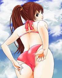  adjusting_clothes adjusting_swimsuit ass bikini brown_eyes brown_hair dead_or_alive dead_or_alive_xtreme female hybrid_cat kasumi_(doa) long_hair pink_bikini ponytail solo swimsuit trefoil 