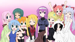  6+girls animal_costume animal_ears armor bare_shoulders bikini black_hair blonde_hair blue_eyes blue_hair bodysuit bow breasts bride brown_eyes cat_costume cat_ears cleavage closed_eyes cloth commentary_request competition_swimsuit cross demon_girl detached_sleeves dress elbow_gloves freudia_neuwahl gloves gothic_lolita green_eyes green_hair grey_hair grolla_seyfarth hair_ornament hair_ribbon hairpin half-skirt headband iris_zeppelin jewelry knight lace liebea_palesch lolita_fashion long_hair lucky_star luste_teuber medium_breasts motteke!_serafuku multiple_girls nanami_umou navel necktie one-piece_swimsuit orange_hair pajamas parody pink_hair pocket ponytail purple_eyes purple_hair red_hair ribbon robe rosenkreuzstilette schwer-muta_casasola_merkle seashell shell short_hair shorts sichte_meister side-tie_bikini_bottom skirt small_breasts spiritia_rosenberg swimsuit tail thighhighs trauare_wrede twintails very_long_hair wedding_dress wings wolf_ears wolf_tail zettai_ryouiki zorne_zeppelin 