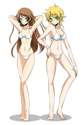  2girls armpits arms_up bad_id bad_pixiv_id barefoot bikini billy_katagiri blonde_hair brown_hair genderswap_(mtf) glasses graham_aker green_eyes gundam gundam_00 kinagi_rea long_hair multiple_girls rule_63 short_hair swimsuit 