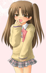  1boy bow brown_eyes brown_hair cosplay crossdressing kamikita_komari kamikita_komari_(cosplay) little_busters! little_busters!_school_uniform lowres male_focus naoe_riki open_mouth otoko_no_ko pink_bow pink_ribbon plaid plaid_skirt ribbon ryuuga_nanamaru school_uniform skirt smile solo twintails 