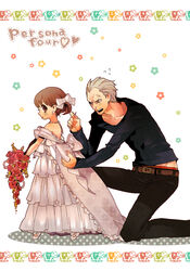  1boy back_bow bouquet bow bride brown_eyes brown_hair commentary_request doujima_nanako dress female flower frills grey_hair holding holding_bouquet holding_needle lace lolicon needle persona persona_4 red_flower red_rose rose sachiko_(omame) scar sewing skirt tatsumi_kanji thread twintails wedding wedding_dress 