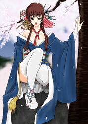  bare_shoulders blue_kimono brown_eyes brown_hair cherry_blossoms dead_or_alive female hybrid_cat japanese_clothes kasumi_(doa) kimono long_hair obi sash solo thighhighs 