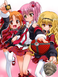  3girls blush box commentary_request giving hair_ornament heart-shaped_box hinamori_amu incoming_gift mashiro_rima multiple_girls outstretched_arm pantyhose peter_(gvb) plaid plaid_skirt shugo_chara! skirt thighhighs valentine white_thighhighs x_hair_ornament yuiki_yaya 