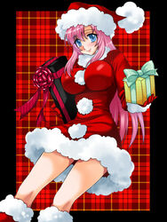  blue_eyes border breasts christmas female fur_trim gift gloves gundam gundam_seed gundam_seed_destiny hat holding holding_gift impossible_clothes large_breasts long_hair looking_at_viewer meer_campbell outside_border pink_hair plaid plaid_background santa_costume santa_hat smile solo tooru_jin unmoving_pattern 