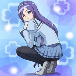  aono_miki ass blush eyelashes female fresh_precure! hairband haruyama_kazunori long_hair looking_back lowres panties panties_under_pantyhose pantyhose precure purple_eyes purple_hair school_uniform skirt solo squatting torigoe_gakuen_school_uniform underwear 