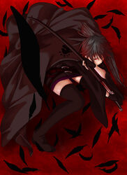  black_hair cape commentary_request feathers female fingerless_gloves gloves highres holding holding_sword holding_weapon ichiyuu karasuba katana long_hair looking_at_viewer photoshop_(medium) red_background red_eyes sekirei solo sword weapon 