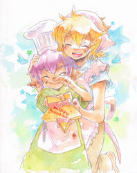  2boys apron blonde_hair bud_(lom) chef_hat commentary_request hat legend_of_mana mihoka multiple_boys painting_(medium) purple_hair seiken_densetsu toto_(lom) traditional_media valentine watercolor_(medium) 