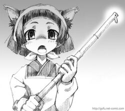  animal_ears apron bob_cut broom cat_ears commentary dorm_leader female gofu greyscale japanese_clothes kappougi kimono maid maria_holic monochrome open_mouth sketch solo tenugui traditional_media wa_maid 