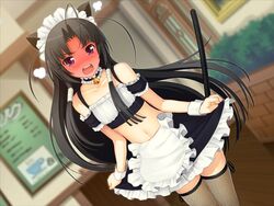  animal_ears arm_garter bell black_hair blunt_bangs blush cat_ears cat_tail embarrassed female fishnets flat_chest game_cg long_hair maid maid_headdress midriff oki_kiki photoshop_(medium) purple_eyes solo sumaga tail thighhighs tsuji_santa wrist_cuffs zettai_ryouiki 