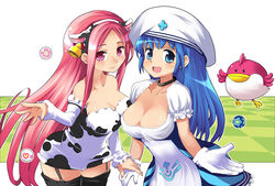  2girls animal_ears animal_print arin ball bell blue_eyes blue_hair breasts choker cleavage commentary_request cow_ears cow_print cowbell detached_sleeves gloves golf_ball happy large_breasts long_hair lucia_(pangya) medium_breasts multiple_girls pangya pink_eyes pink_hair sasago_kaze smile thighhighs 