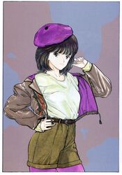  1990s_(style) belt beret black_eyes black_hair den&#039;ei_shoujo female hand_on_own_hip hat hayakawa_moemi highres jacket katsura_masakazu purple_legwear retro_artstyle shadow short_hair shorts solo 